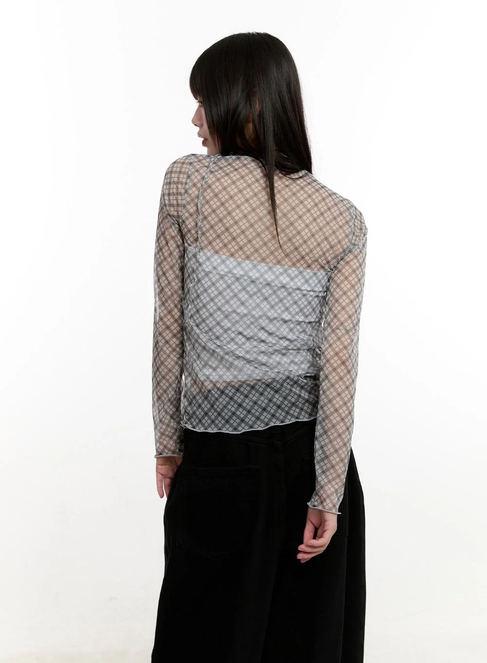 Slim-Fit Plaid Print Sheer Top CM514 - Image 4