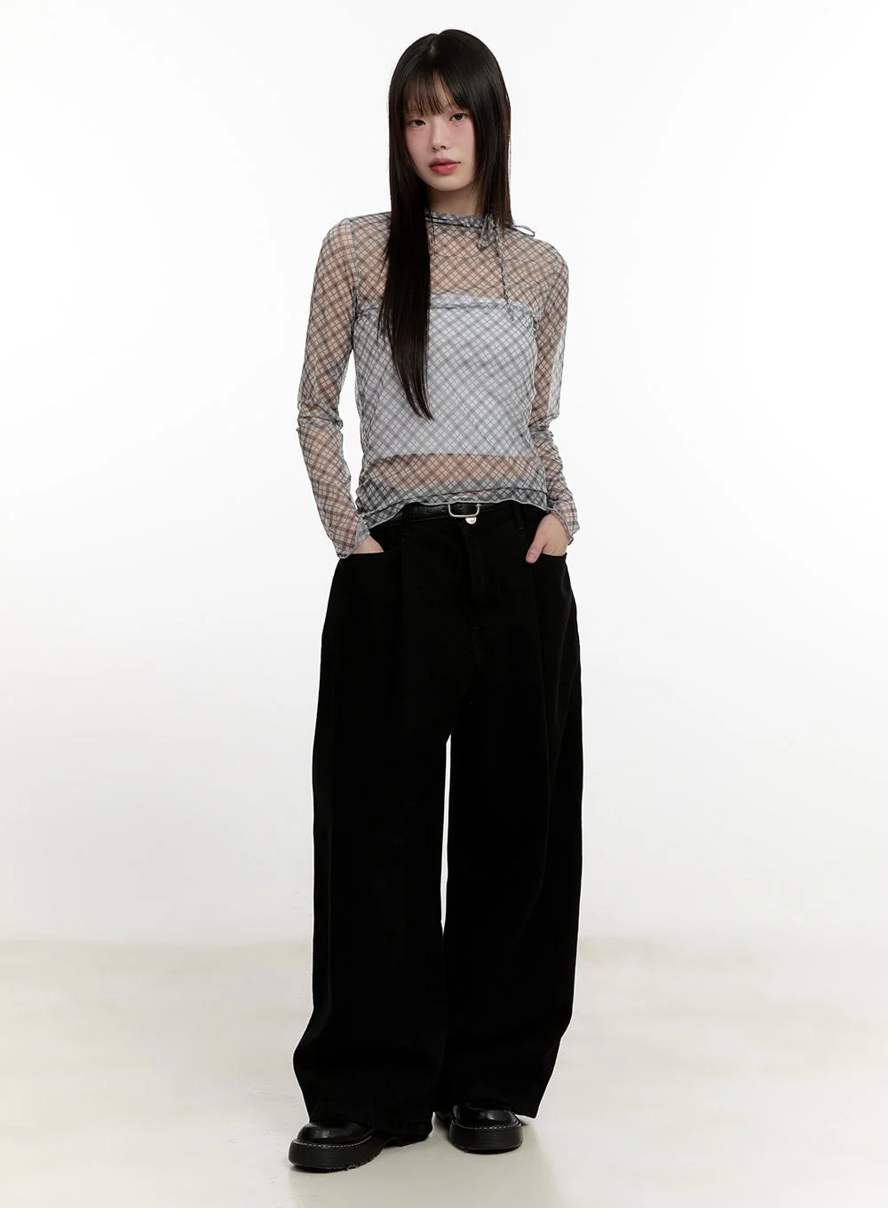 Slim-Fit Plaid Print Sheer Top CM514 - Image 5