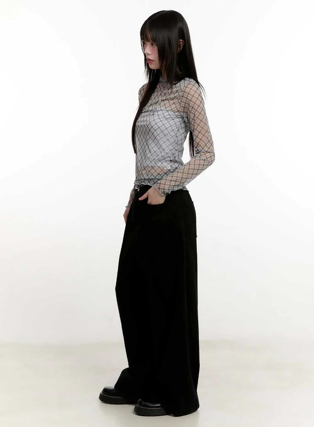 Slim-Fit Plaid Print Sheer Top CM514 - Image 6