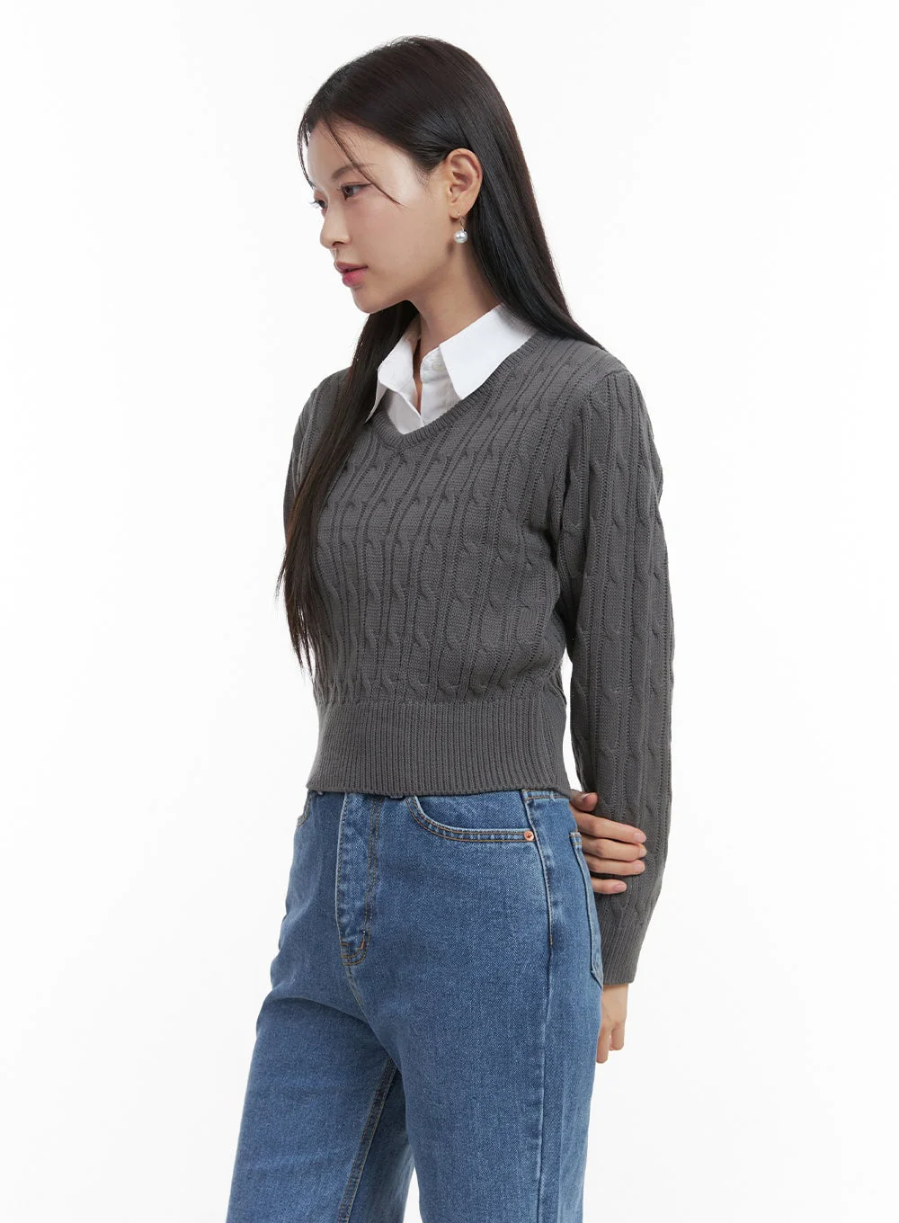 Slim V-Neck Cable Knit Sweater OO416 - Image 5