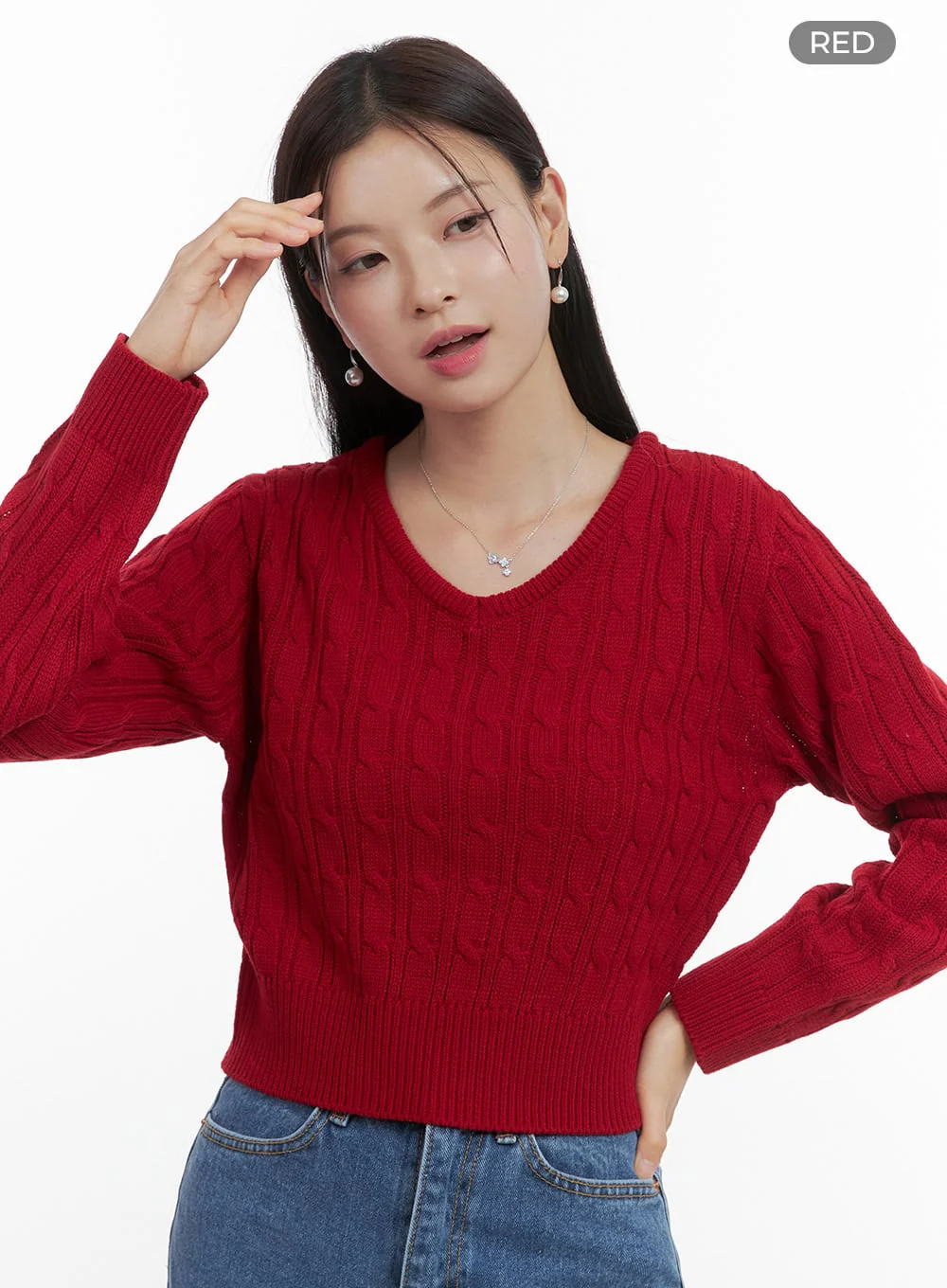Slim V-Neck Cable Knit Sweater OO416 - Image 9