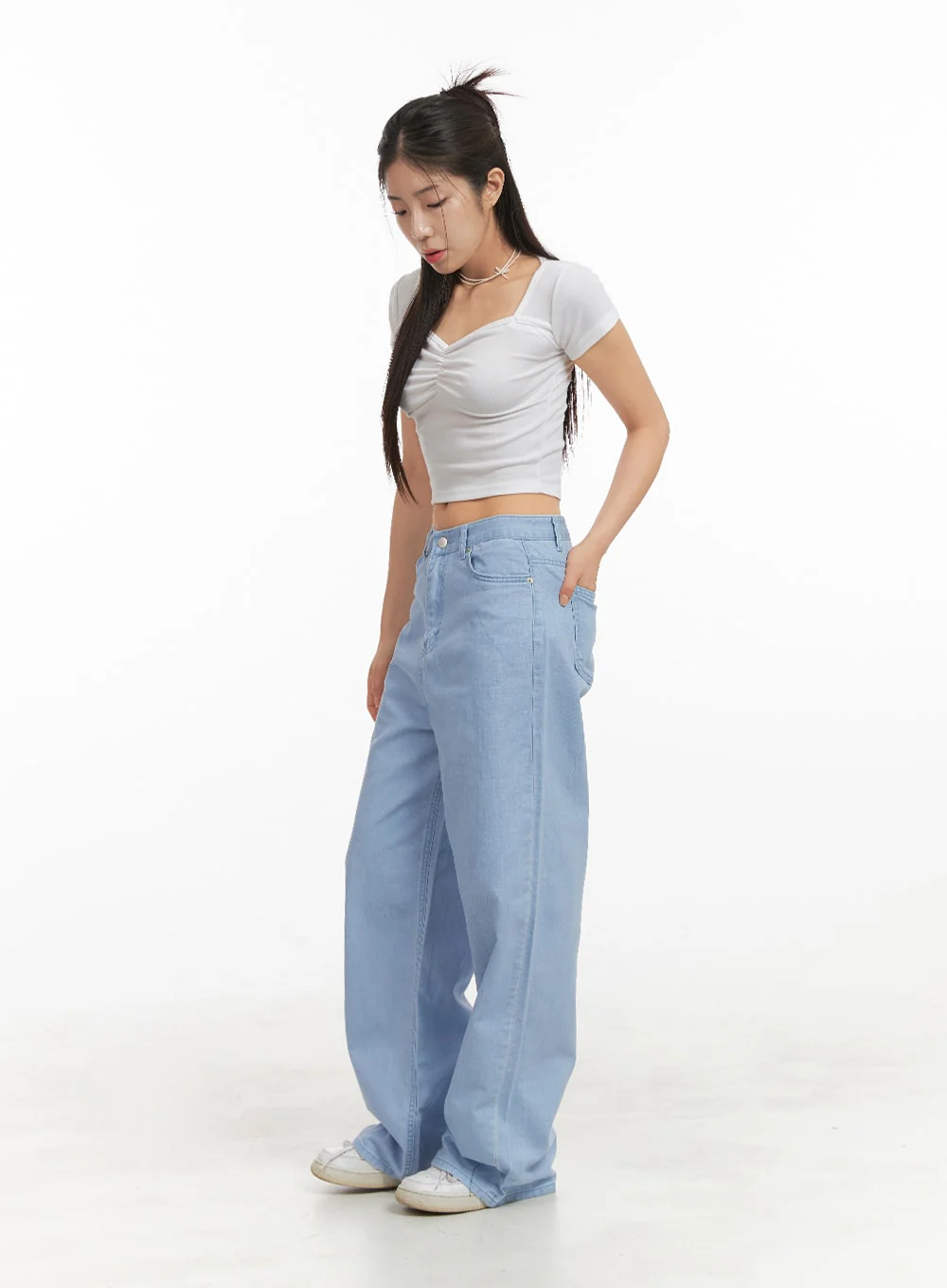 Solid Cotton Loose Fit Straight Jeans OA429 - Image 4