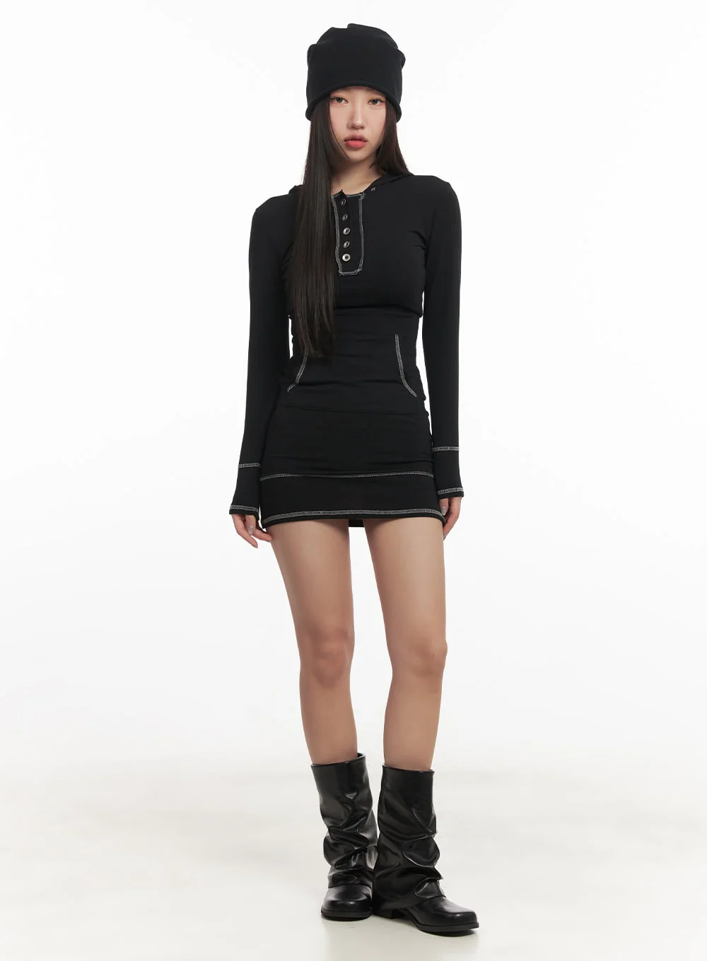 Stitched Slim-Fit Hooded Mini Dress CF520 - Image 11