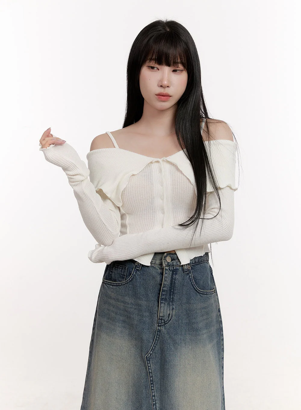 Strapped Off-Shoulder Long-Sleeve Crop Top CJ529 - Image 8