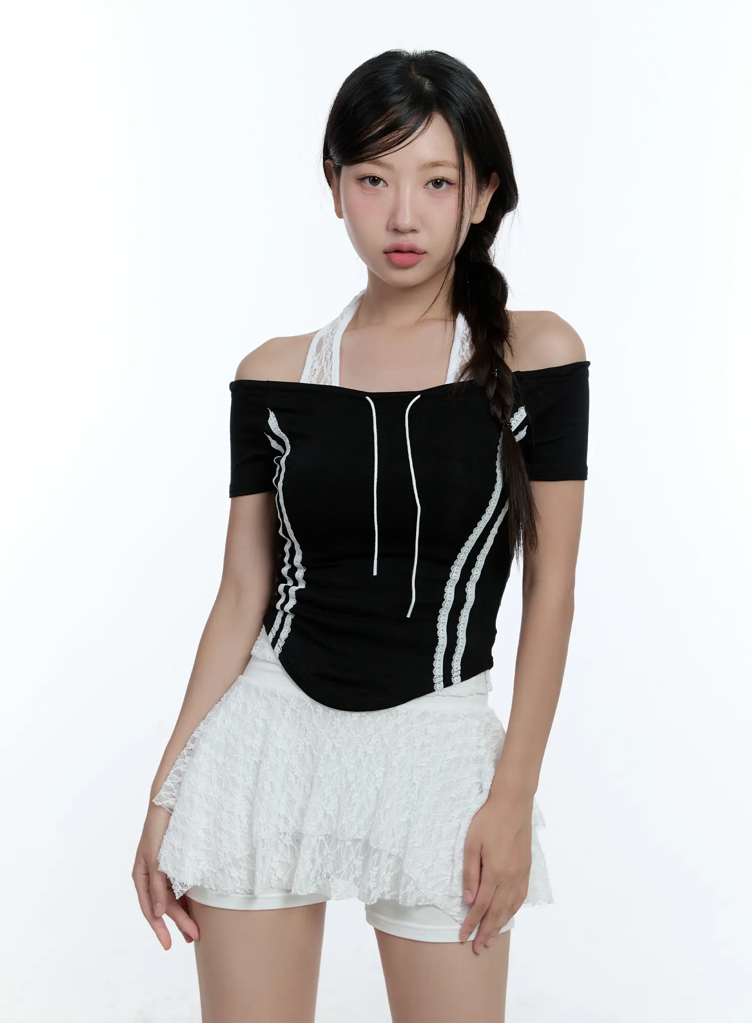 String Detail Off-Shoulder Crop Top CU527 - Image 10