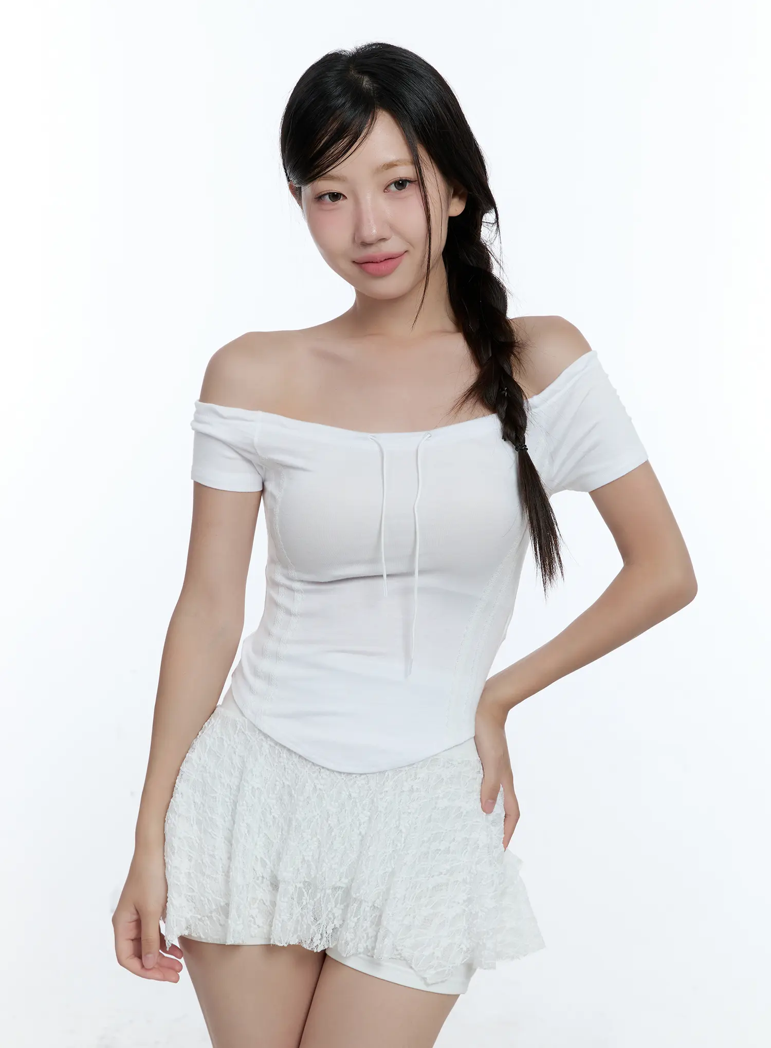 String Detail Off-Shoulder Crop Top CU527 - Image 2