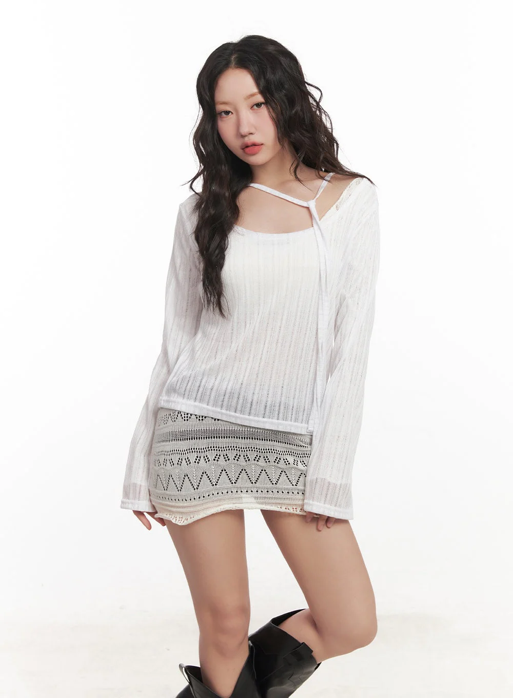 String Mesh Off-Shoulder Sweater CA521 - Image 9
