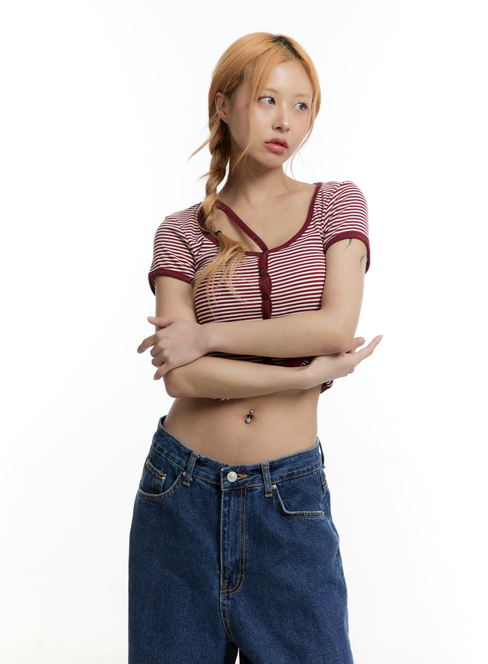 Stripe Buttoned Crop Top CY501 - Image 11