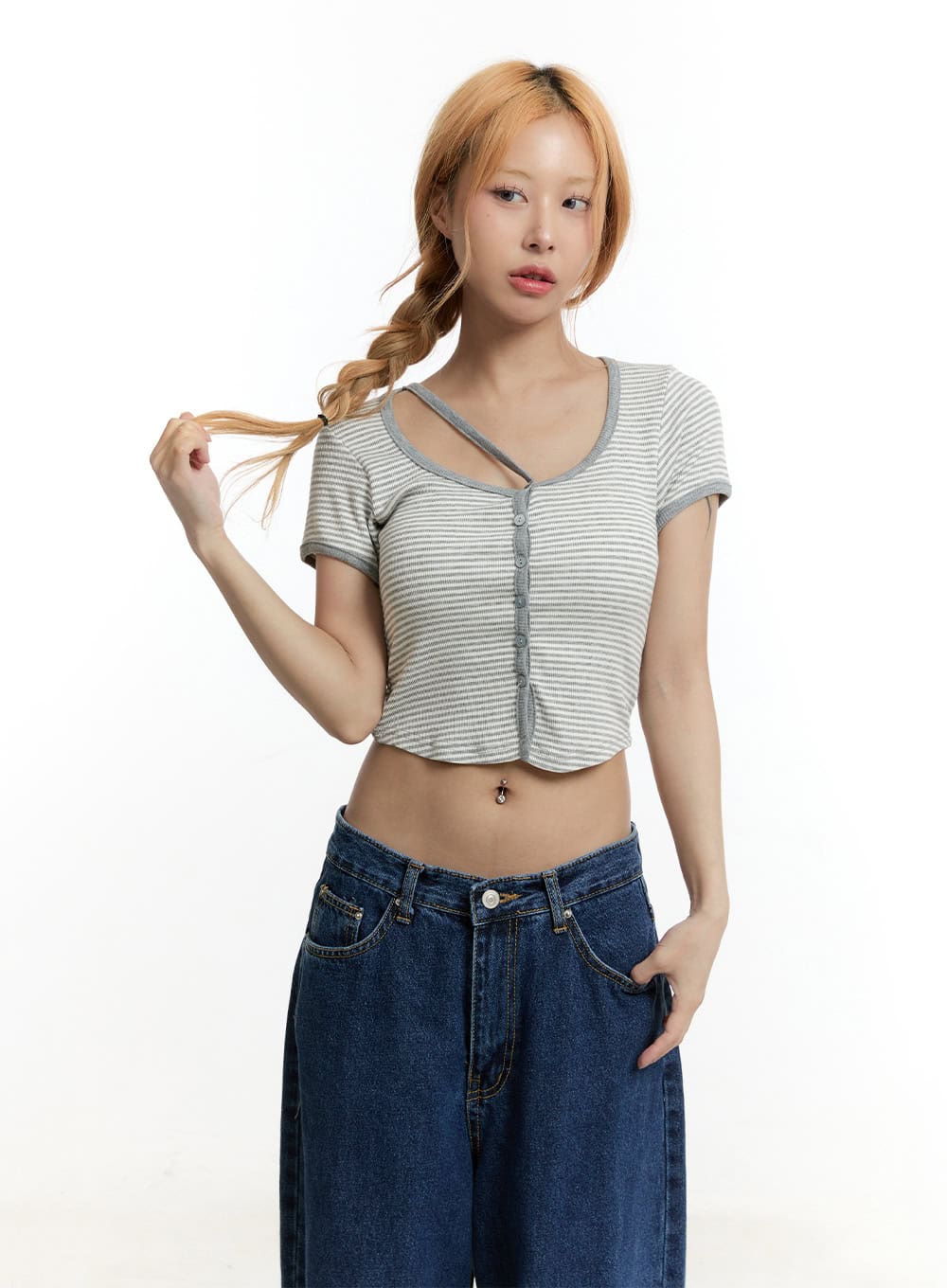 Stripe Buttoned Crop Top CY501 - Image 12