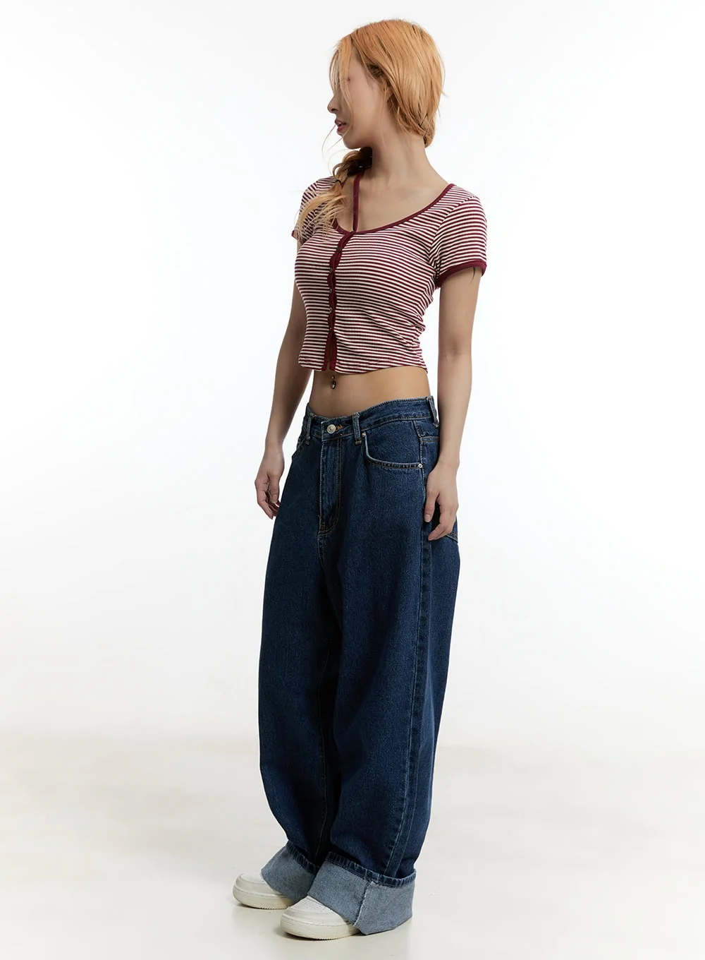 Stripe Buttoned Crop Top CY501 - Image 7