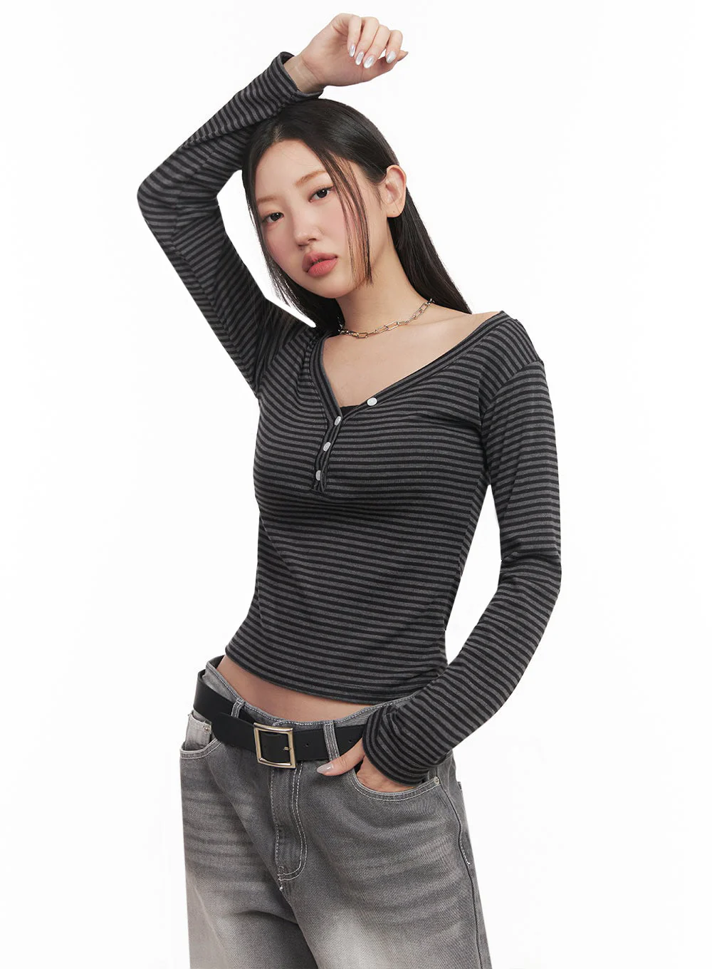 Stripe Buttoned Long-Sleeve Top IM524