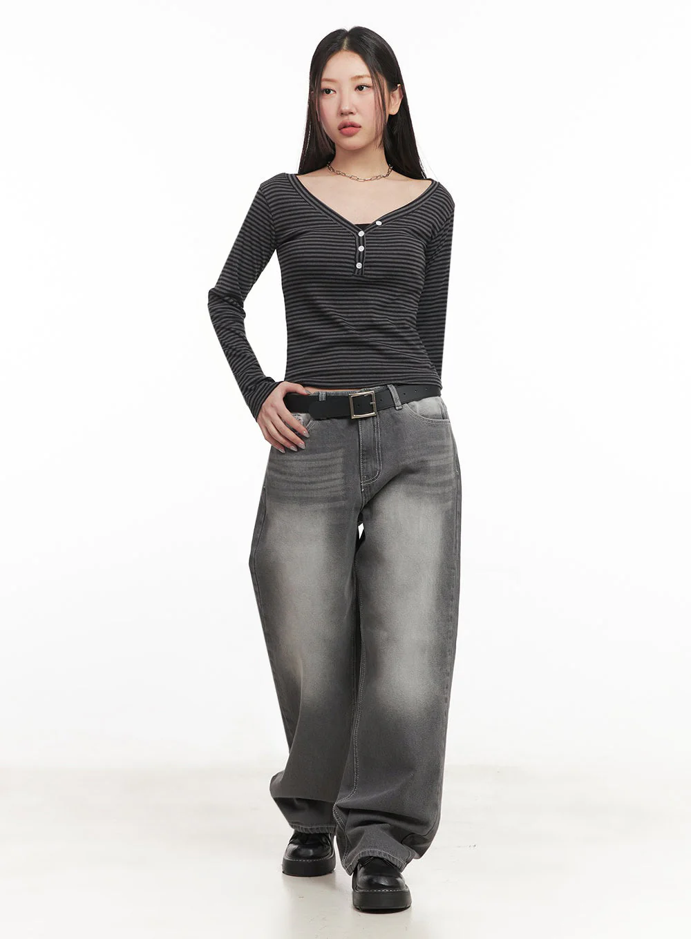 Stripe Buttoned Long-Sleeve Top IM524 - Image 13