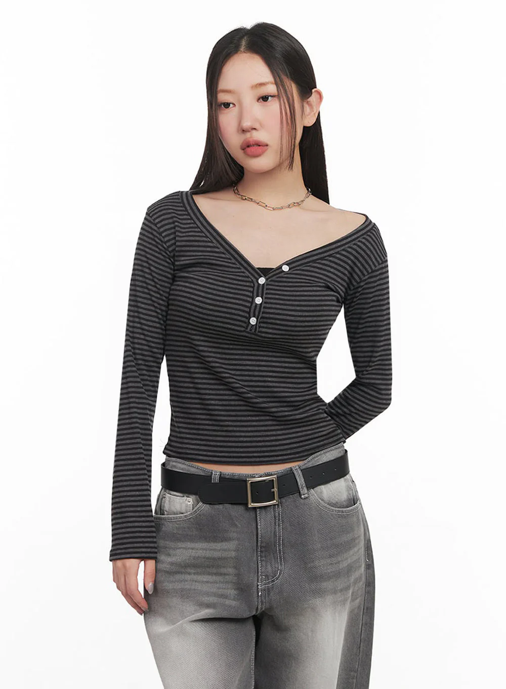 Stripe Buttoned Long-Sleeve Top IM524 - Image 6