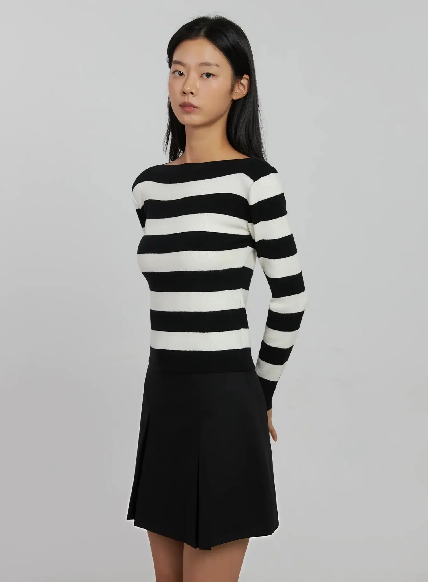 Striped Boat Neck Knit Top IJ508 - Image 5