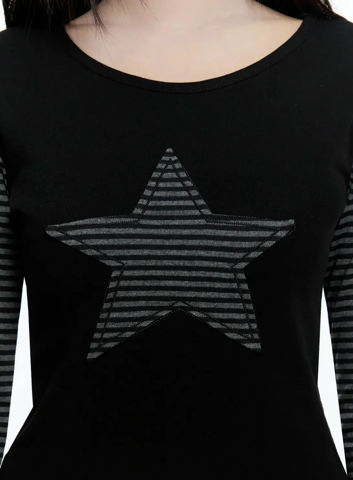 Striped Embroidery Long Sleeve Tee IO520 - Image 2