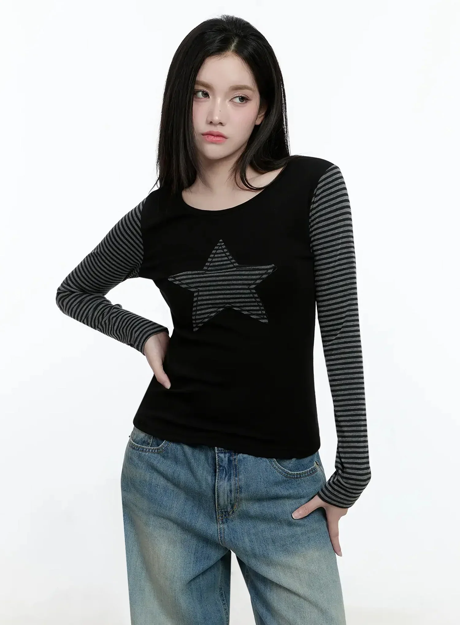 Striped Embroidery Long Sleeve Tee IO520 - Image 5