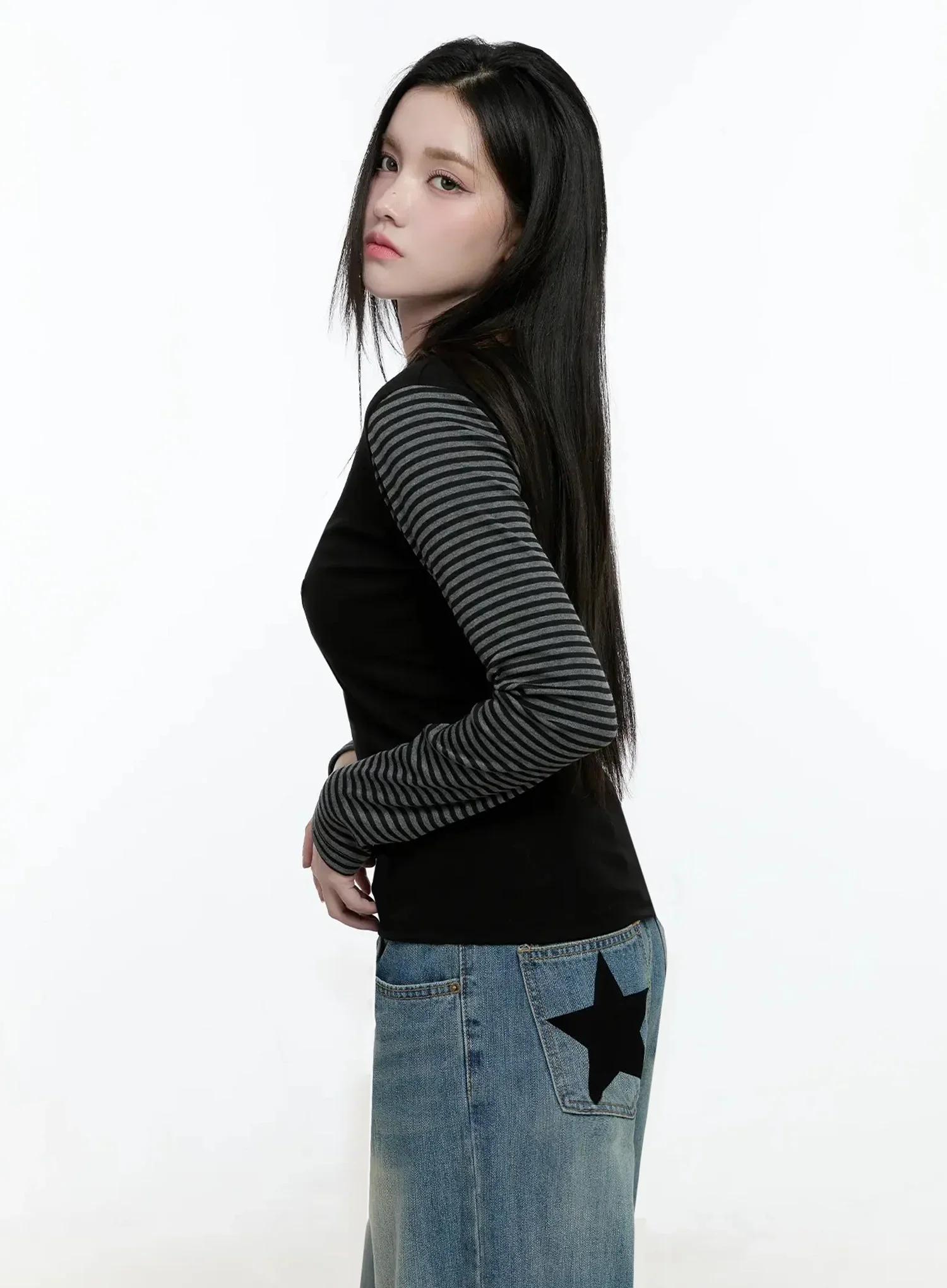 Striped Embroidery Long Sleeve Tee IO520 - Image 6