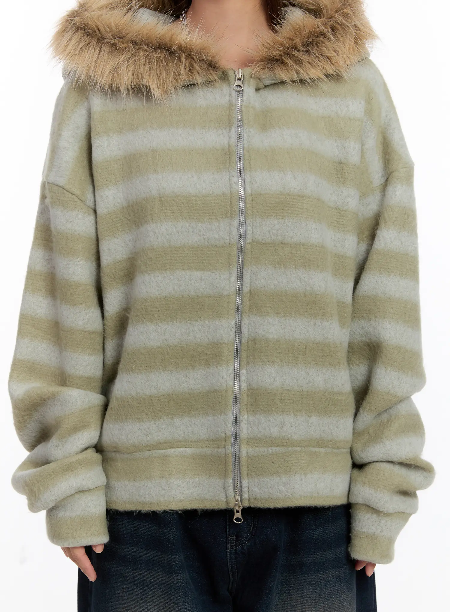 Striped Faux Fur Zip-Up Hoodie CN527 - Image 3