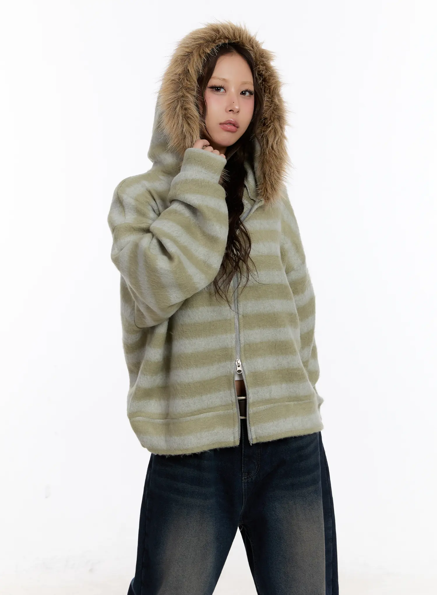 Striped Faux Fur Zip-Up Hoodie CN527 - Image 4