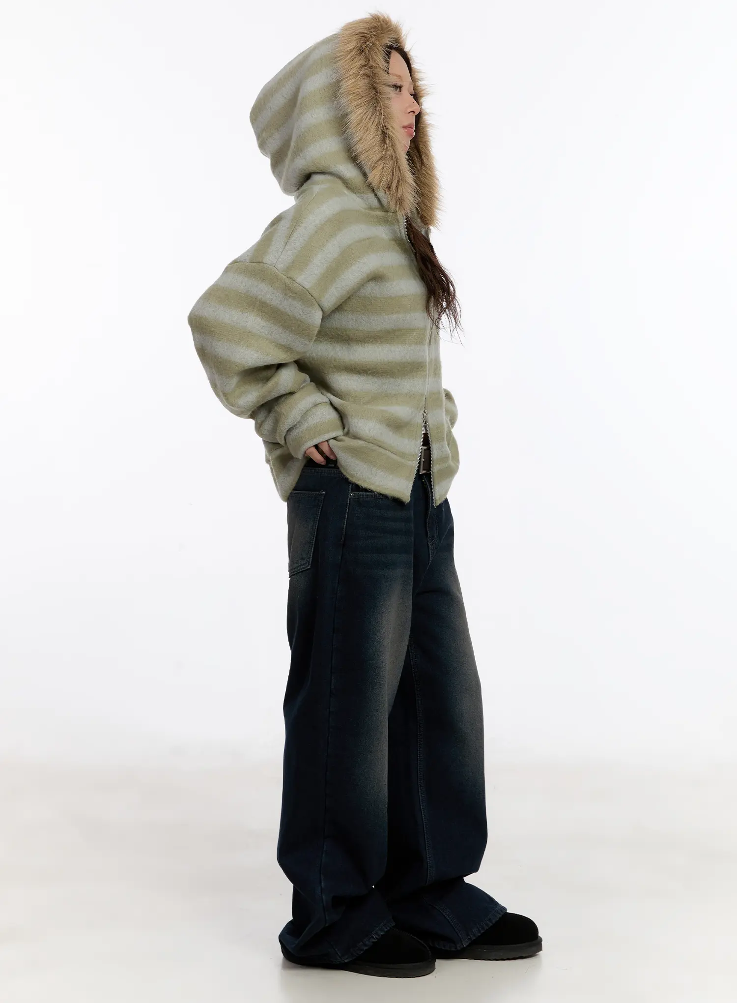 Striped Faux Fur Zip-Up Hoodie CN527 - Image 7