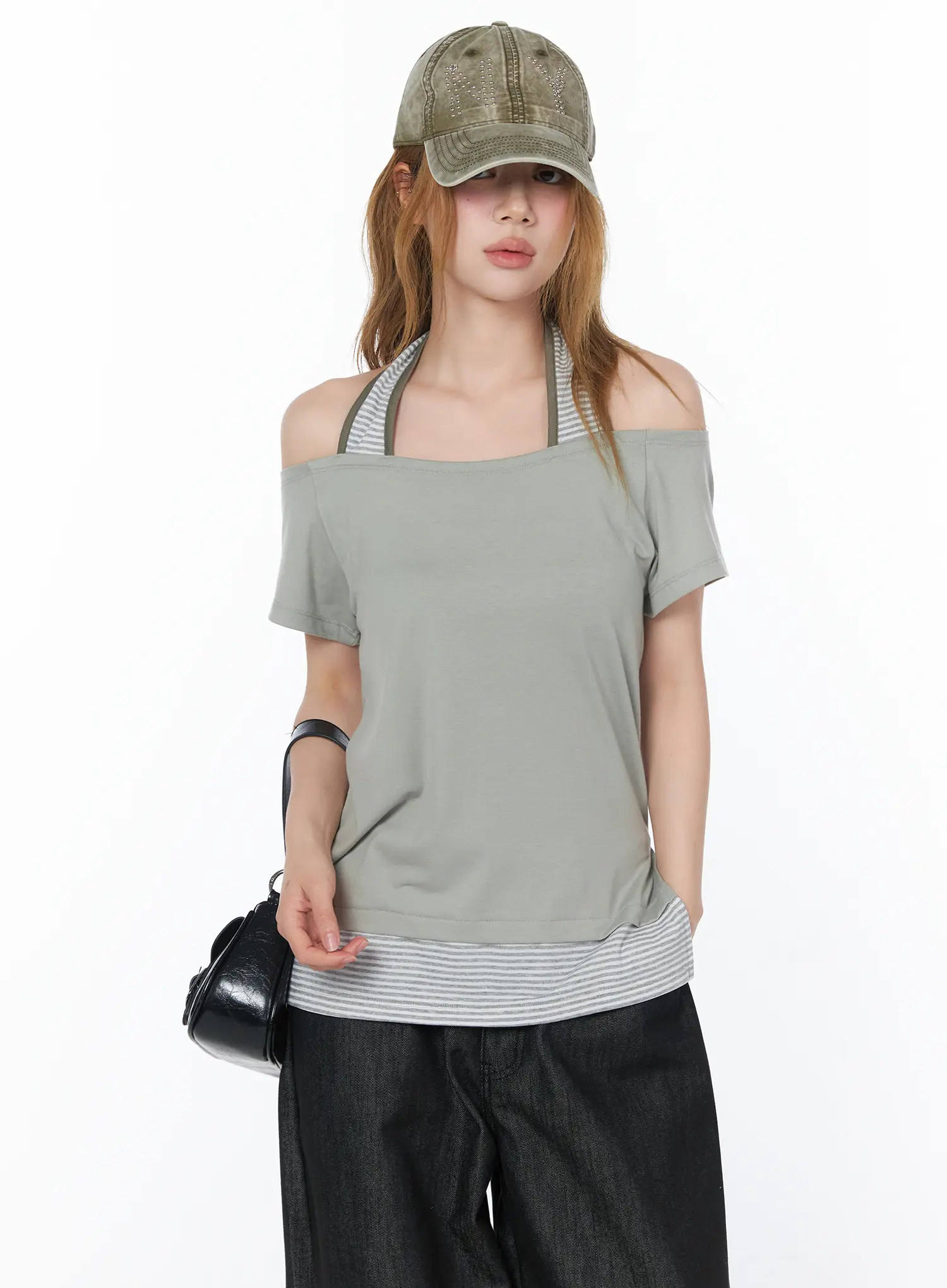 Striped Halter Off-Shoulder Tee CY508