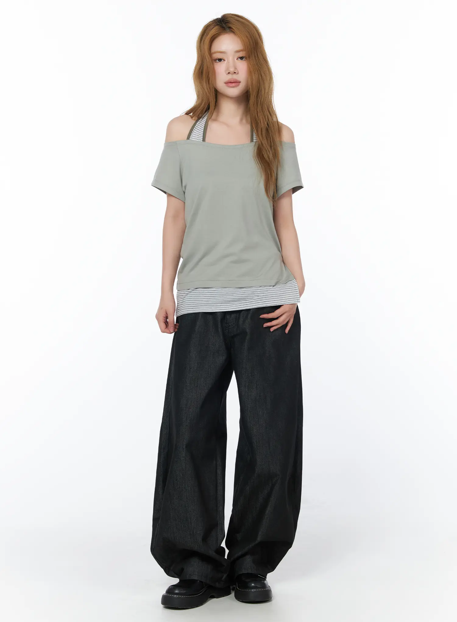 Striped Halter Off-Shoulder Tee CY508 - Image 3