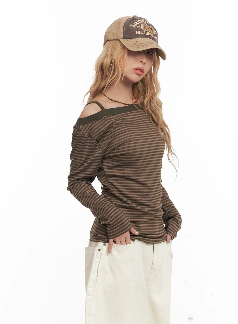Striped Long-Sleeve Off-Shoulder Top CM506 - Image 3