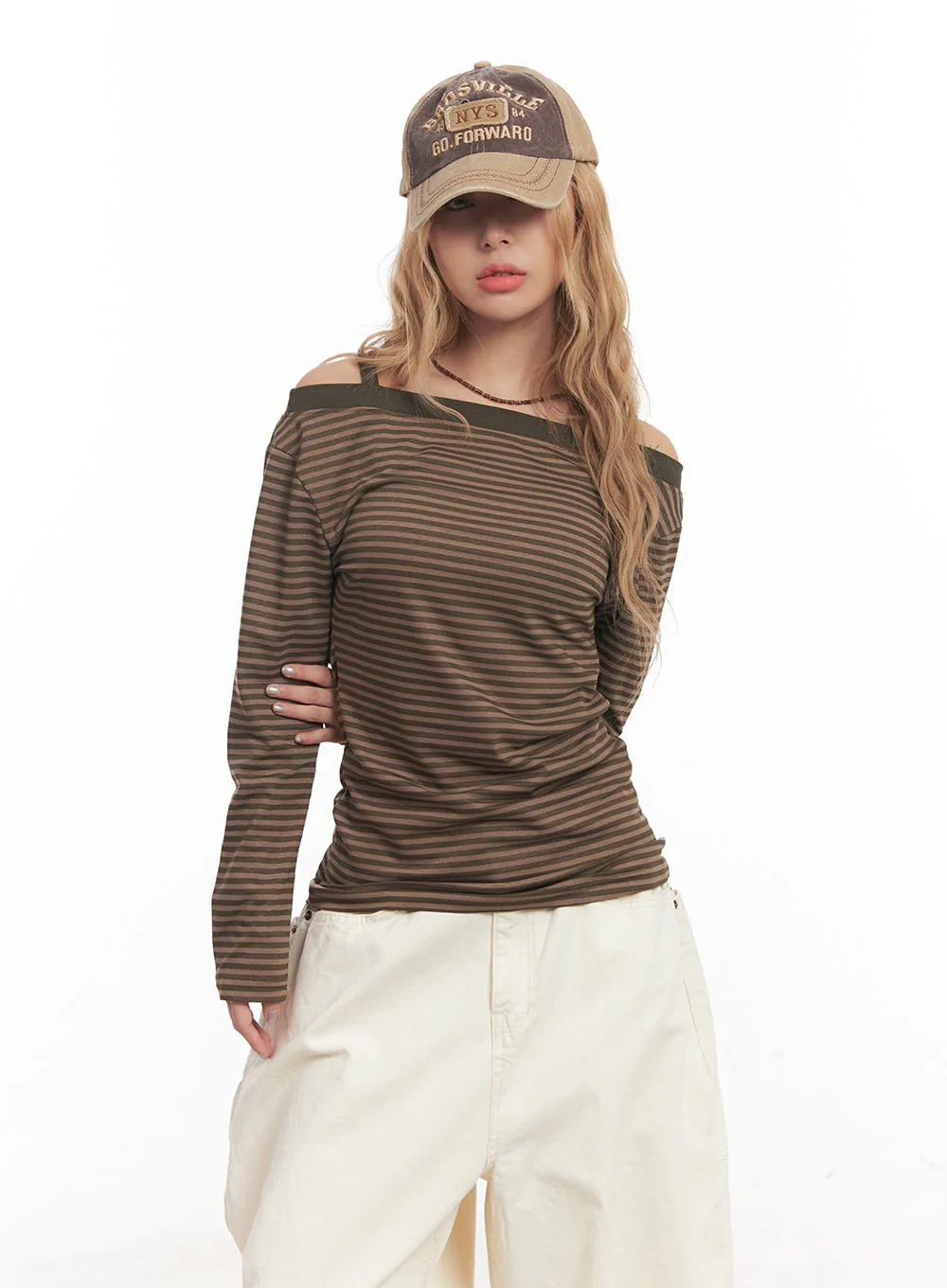 Striped Long-Sleeve Off-Shoulder Top CM506 - Image 9