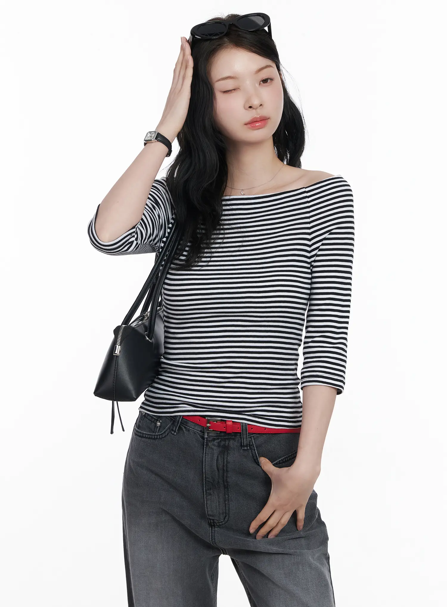 Striped Off-Shoulder 3/4 Sleeve Top CA510