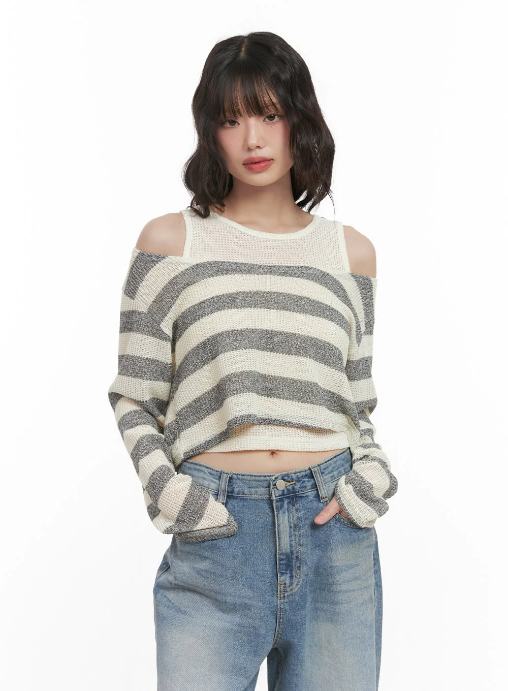 Striped Off-Shoulder Crop Sweater with Tank Top CJ523 - Image 7