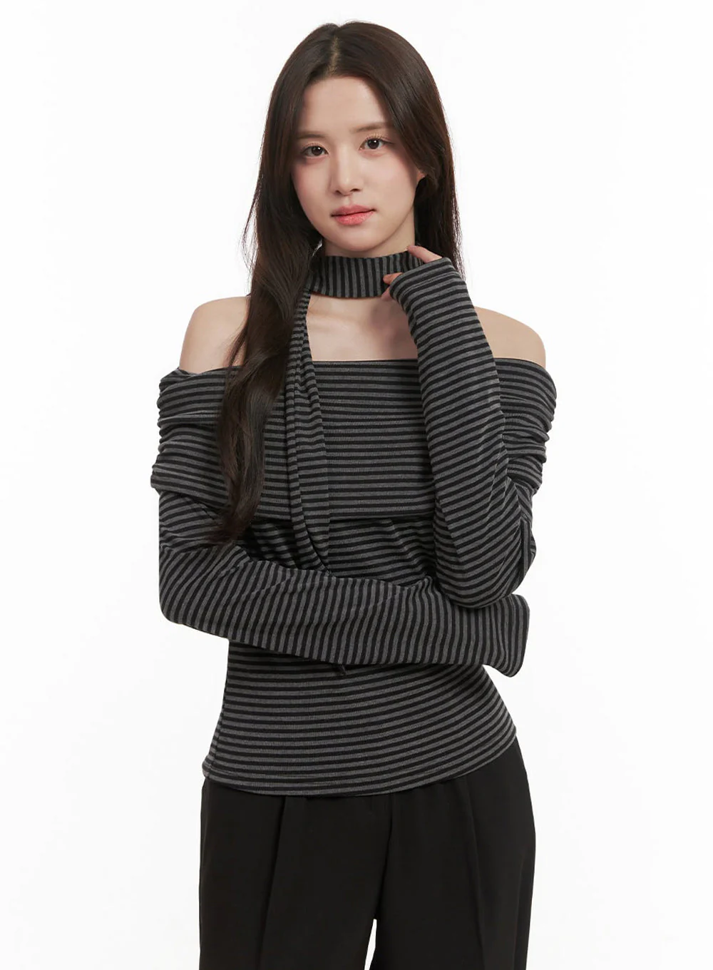 Striped Off-Shoulder Long-Sleeve Top IJ510 - Image 10