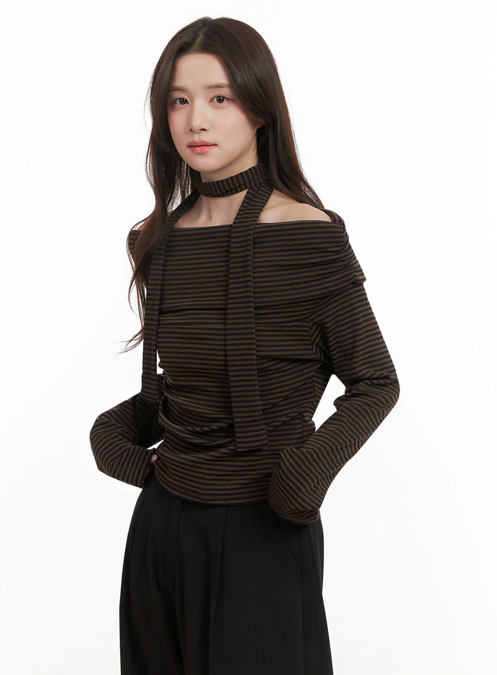 Striped Off-Shoulder Long-Sleeve Top IJ510 - Image 11