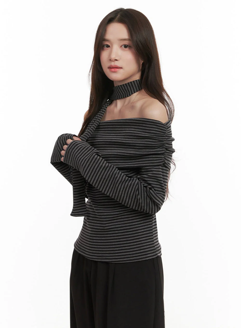 Striped Off-Shoulder Long-Sleeve Top IJ510 - Image 5