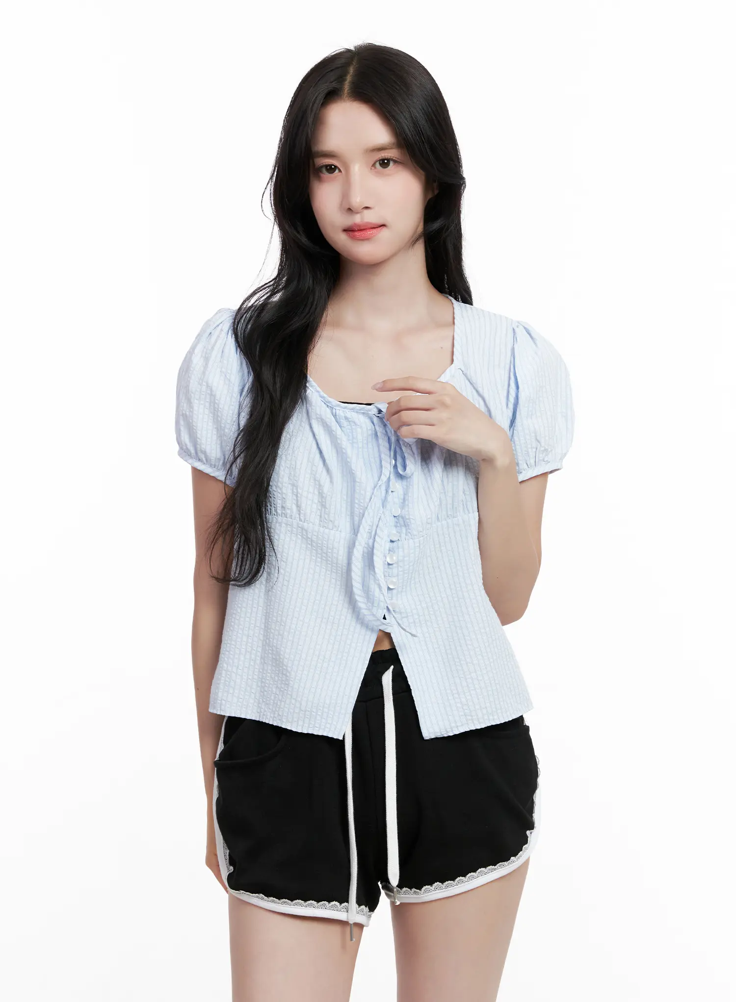 Striped Puff-Sleeve Ribbon Top CL516 - Image 10