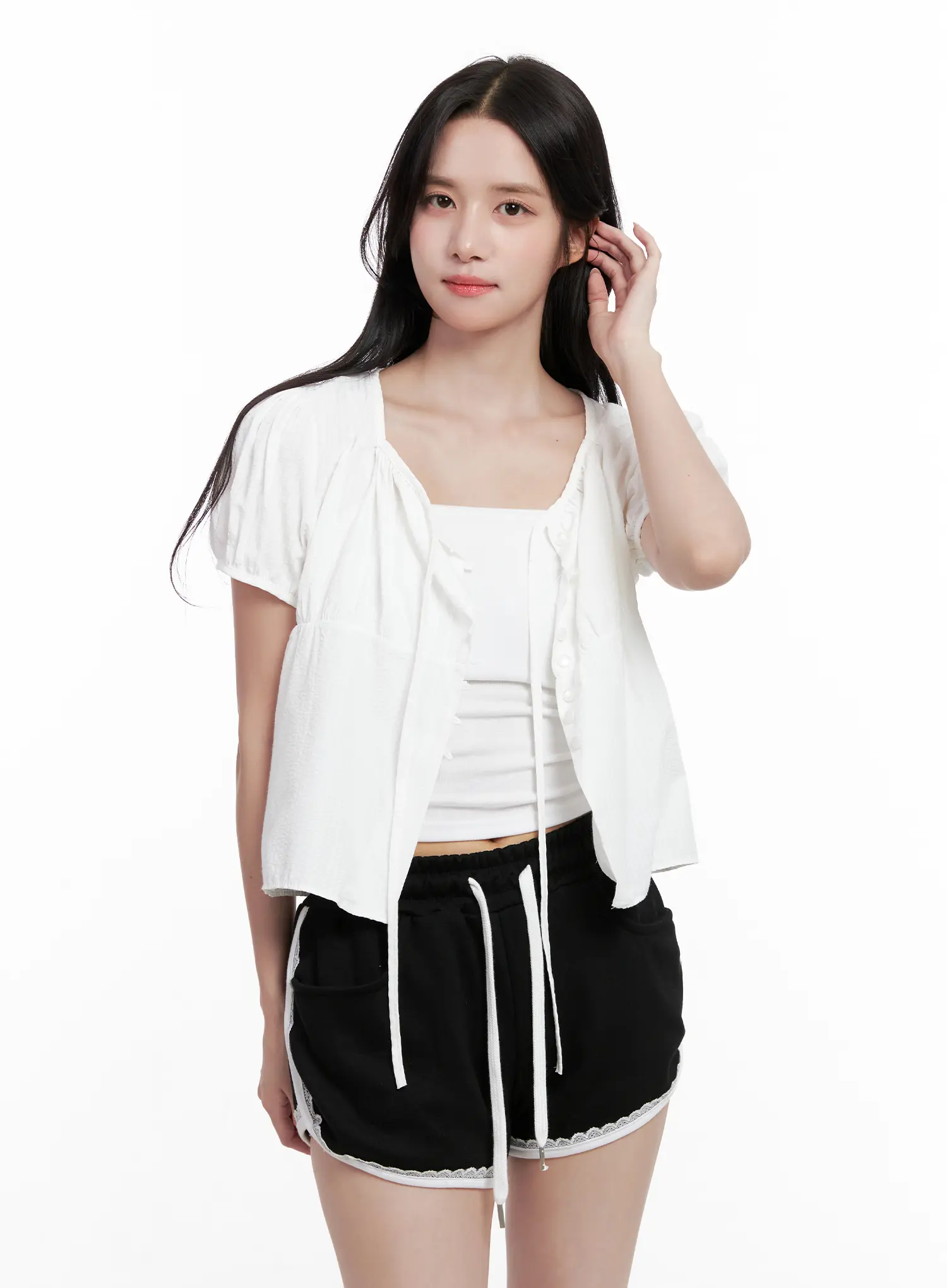 Striped Puff-Sleeve Ribbon Top CL516 - Image 11