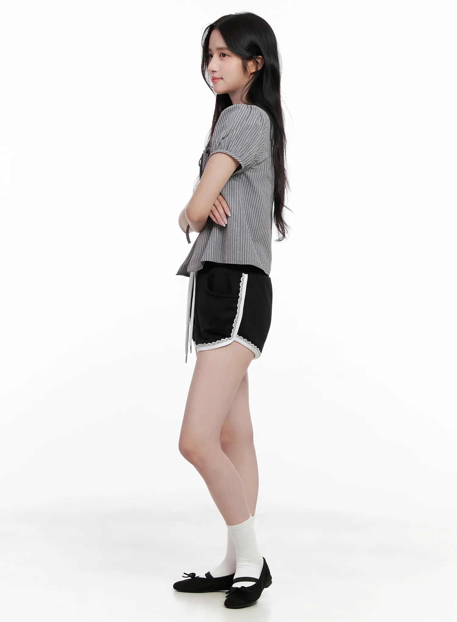 Striped Puff-Sleeve Ribbon Top CL516 - Image 3