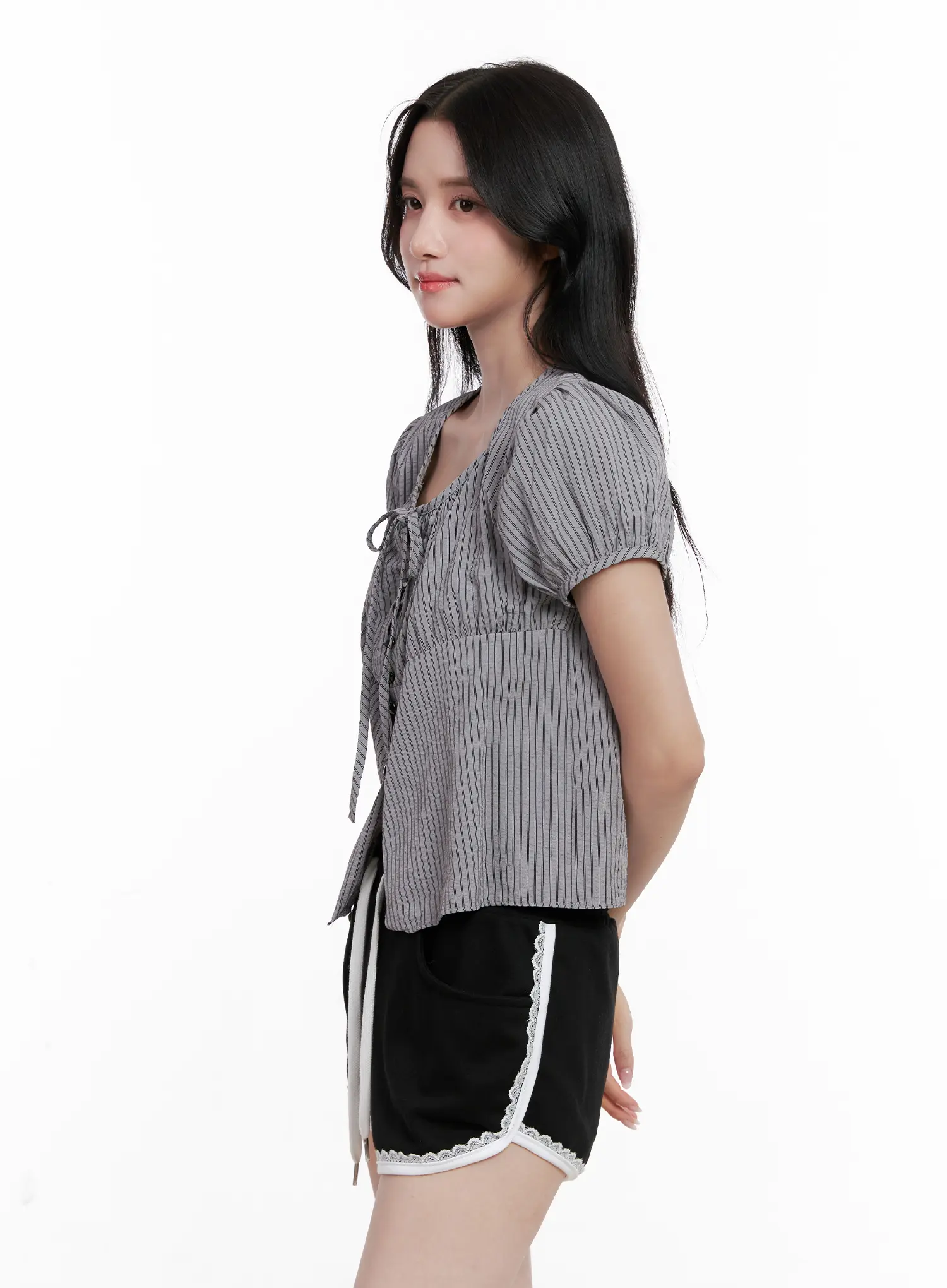 Striped Puff-Sleeve Ribbon Top CL516 - Image 6