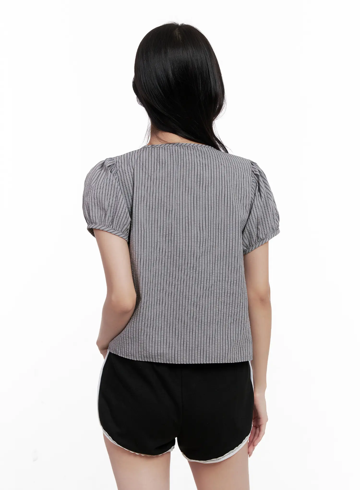 Striped Puff-Sleeve Ribbon Top CL516 - Image 7