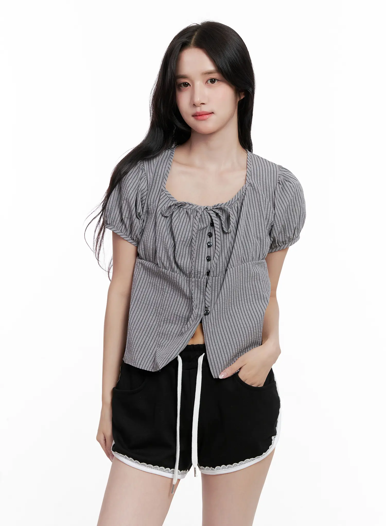 Striped Puff-Sleeve Ribbon Top CL516 - Image 9
