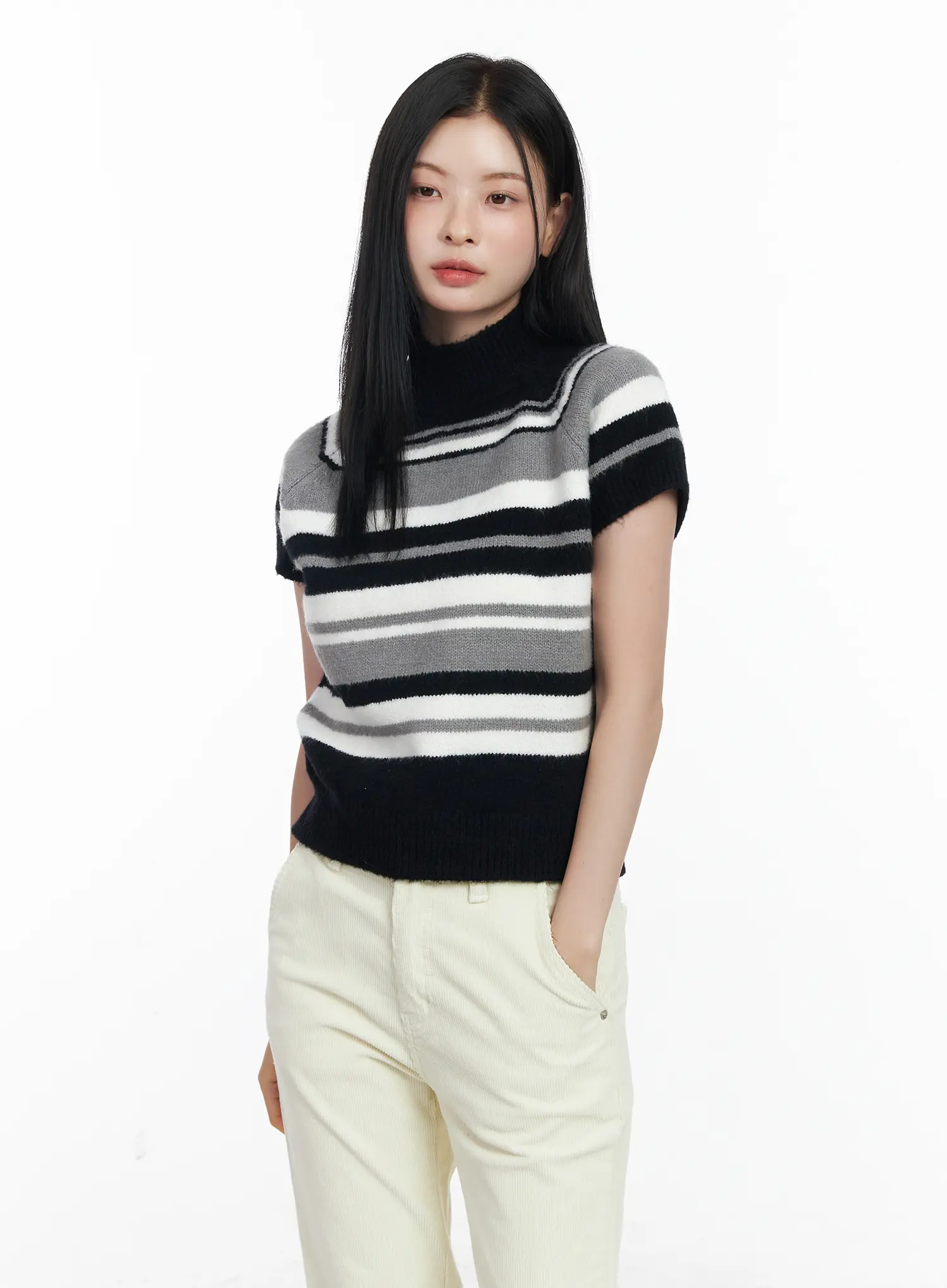 Striped Turtleneck Short Sleeve Knit Top CJ520 - Image 9