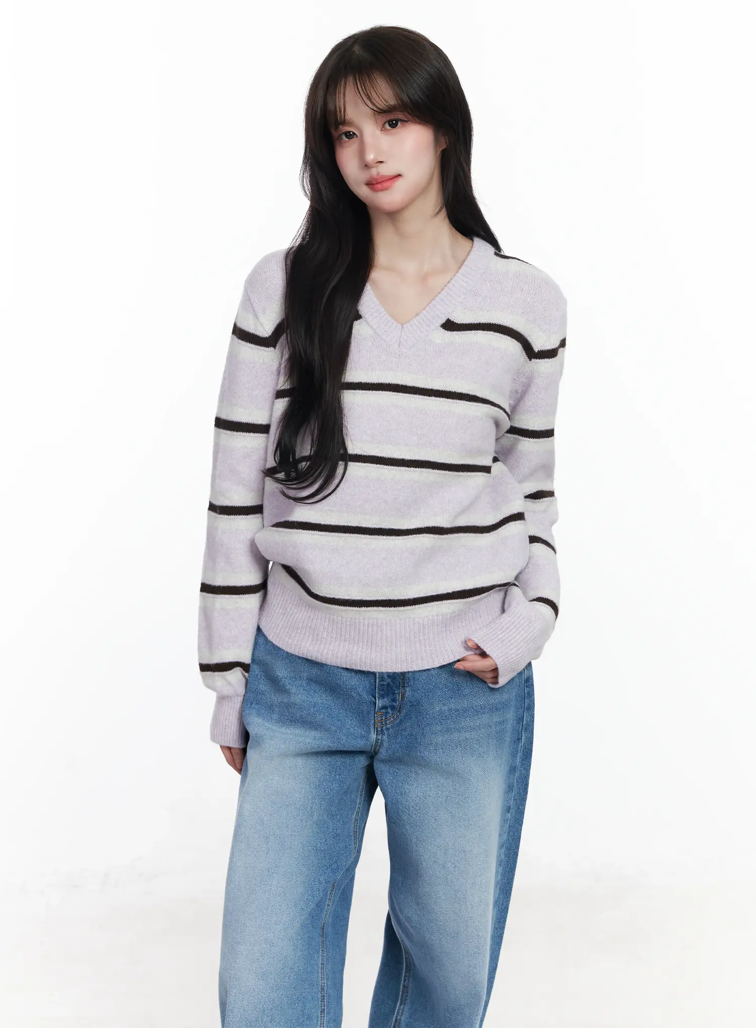Striped V-Neck Knit Sweater IJ529 - Image 3