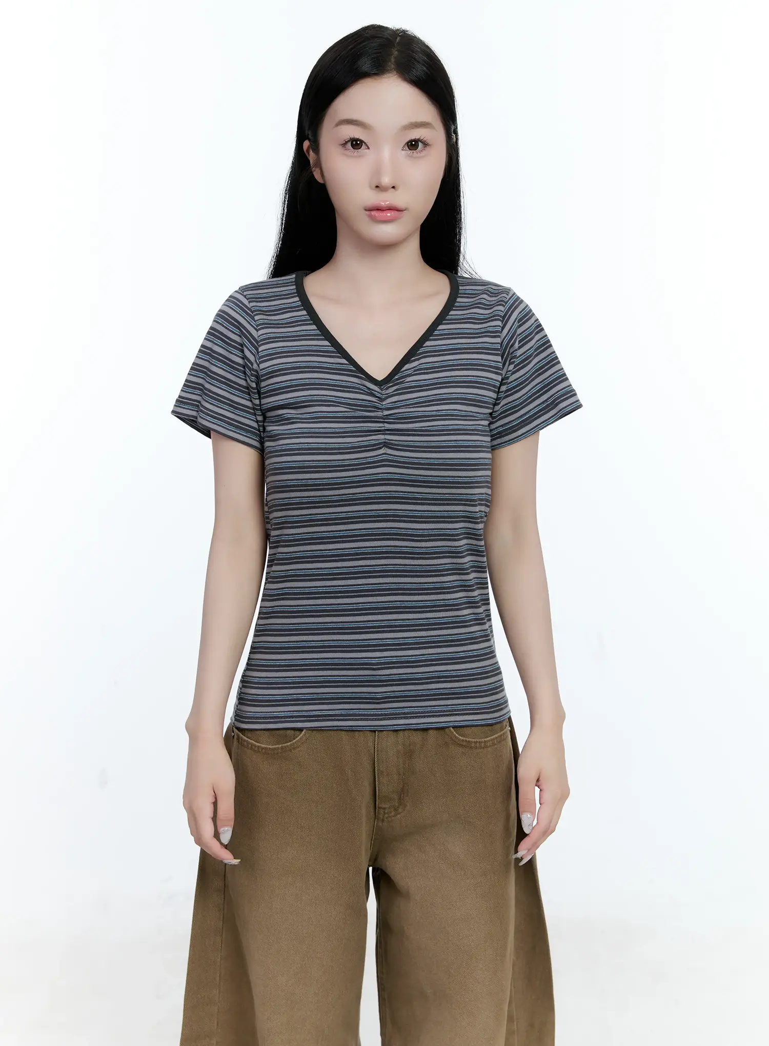 Striped V-Neck Shirred Tee CG501 - Image 10