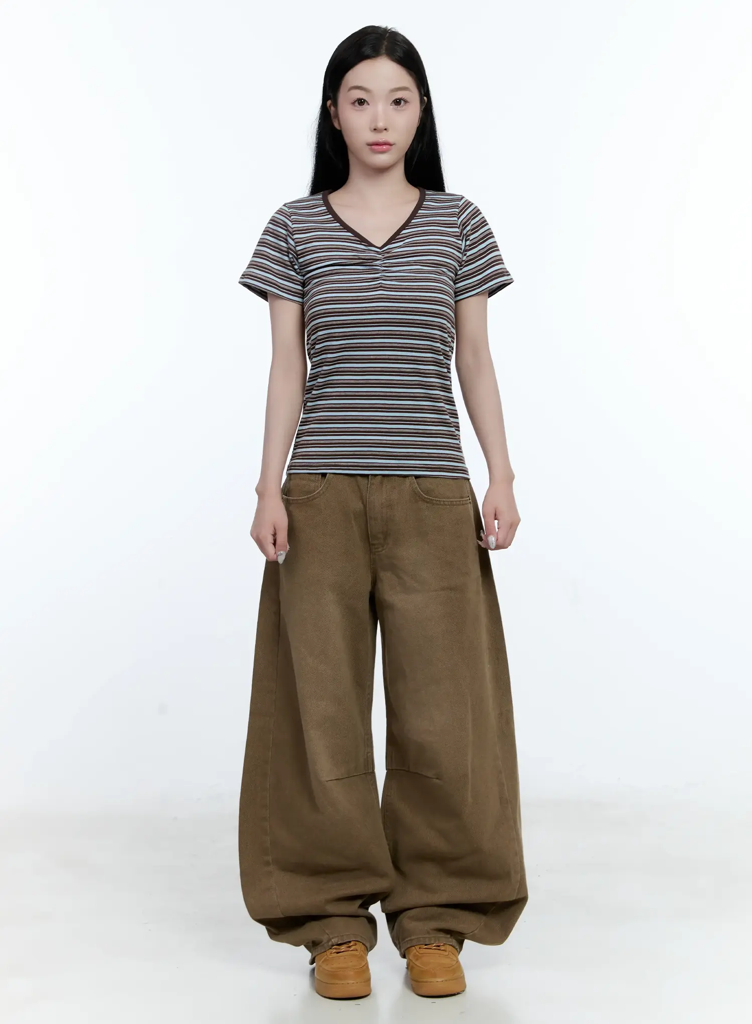 Striped V-Neck Shirred Tee CG501 - Image 2