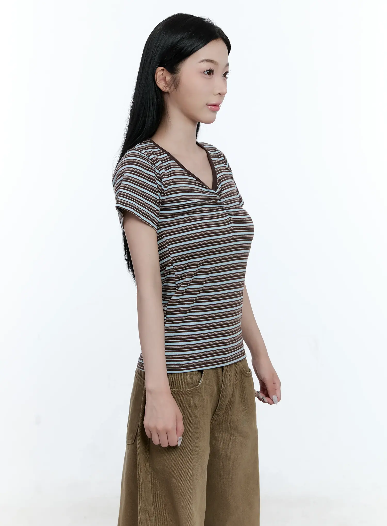 Striped V-Neck Shirred Tee CG501 - Image 9