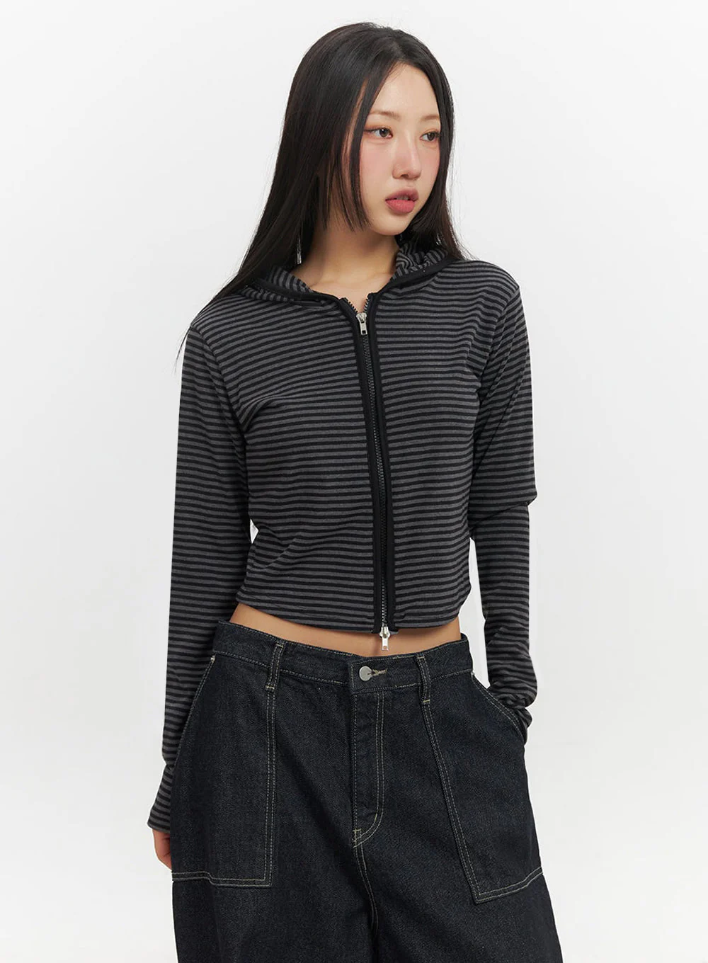 Striped Zip-Up Hooded Crop Jacket IF510 - Image 15