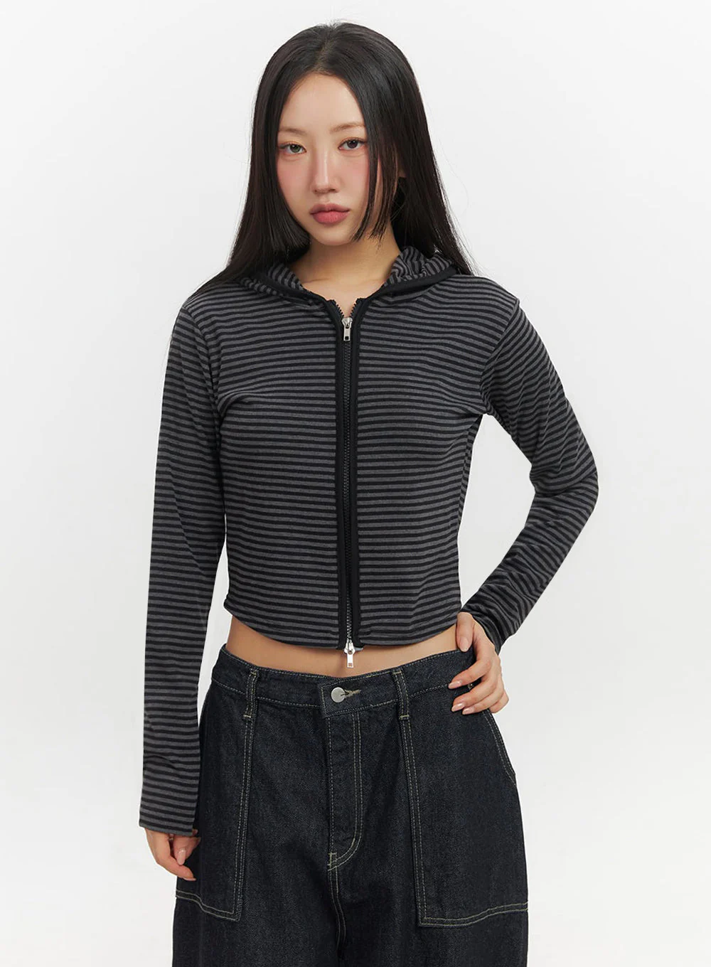 Striped Zip-Up Hooded Crop Jacket IF510 - Image 2