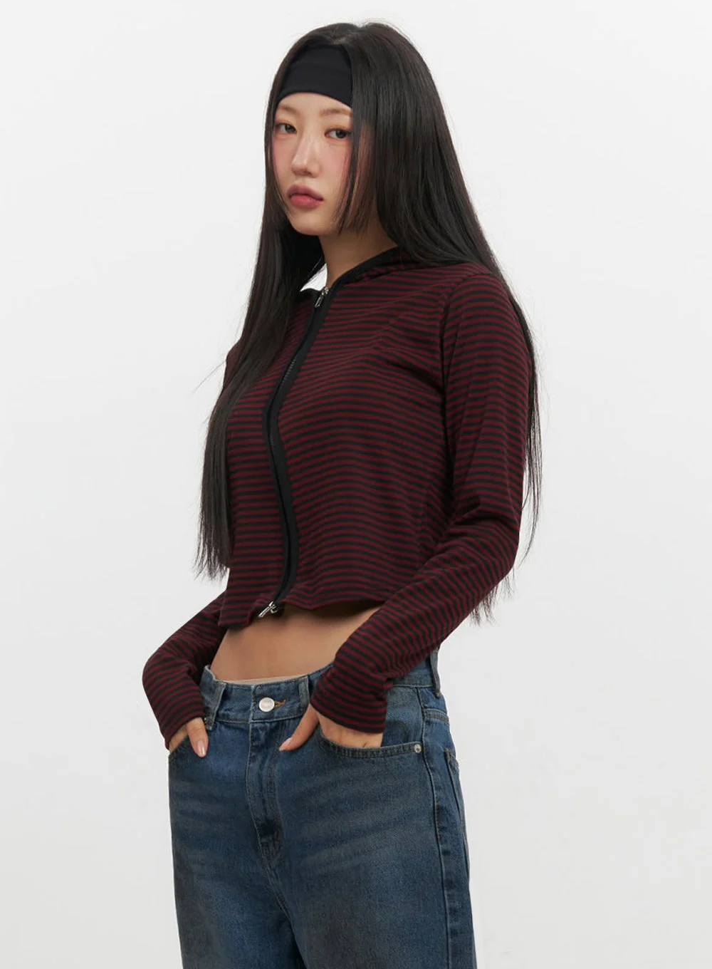 Striped Zip-Up Hooded Crop Jacket IF510 - Image 9