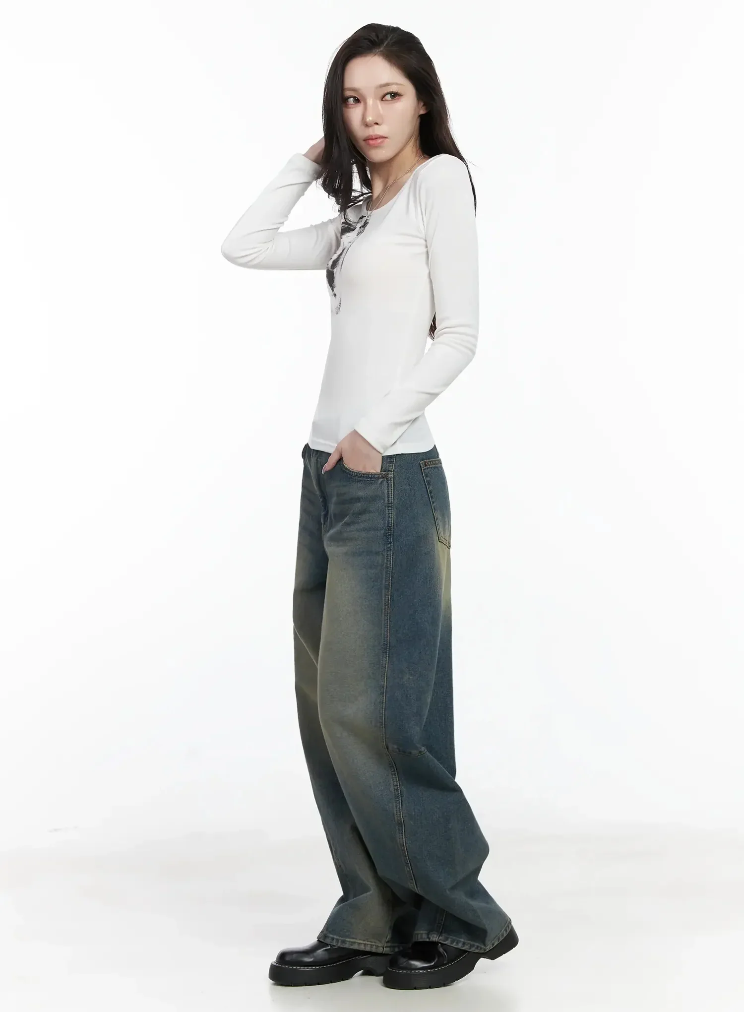 Tata Vintage Dark Blue Washed Wide Leg Jeans IJ528 - Image 7