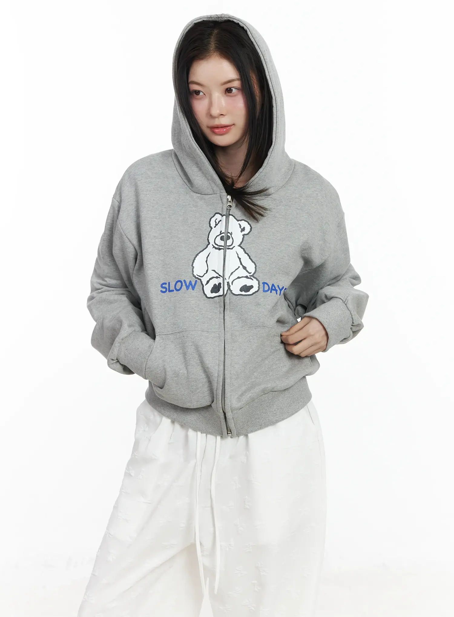Teddy Bear Graphic Two-Way Zip-Up Hoodie IF525