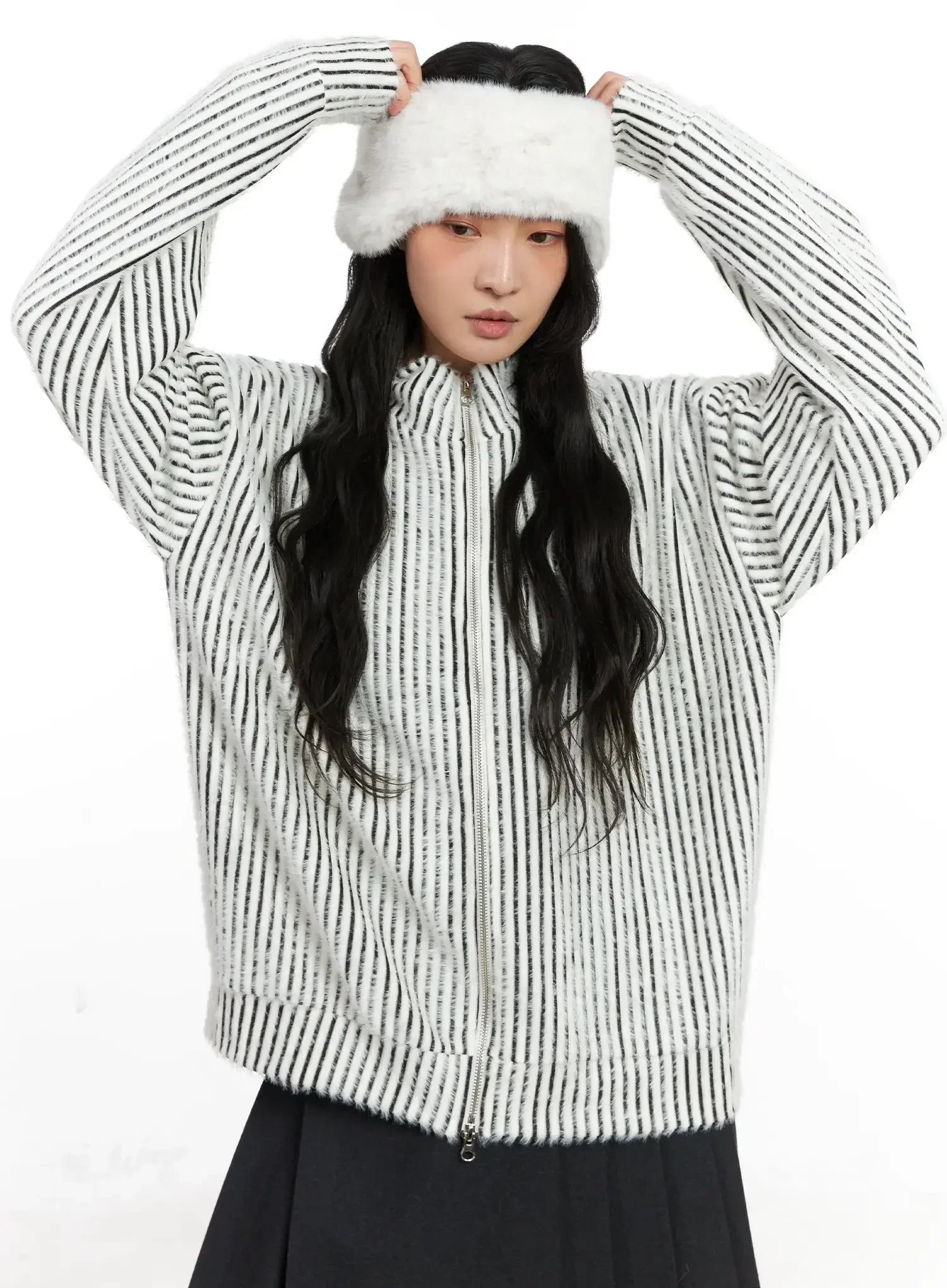 Textured Striped Zip-Up Sweater IN528 - Image 2